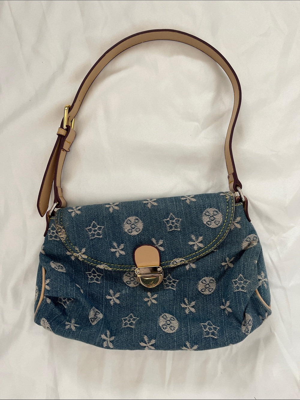 LV vibes Blue Denim Monogram Shoulder Bag with Gold Hardware